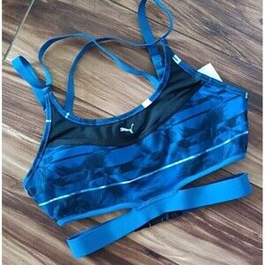 PUMA Sports Bra Size Medium Powershape Future Mid Impact Black Blue Strappy